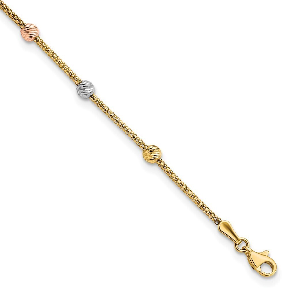 Kazi Luxury 14k Tri-color Diamond-cut 7-Station Bead and Chain Bracelet